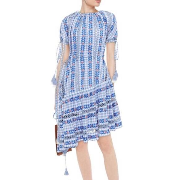 Dodo Bar Or Yolanda Dress Asymmetric Embroidered Check Plaid Cotton-Gauze S NWT - Picture 3 of 12